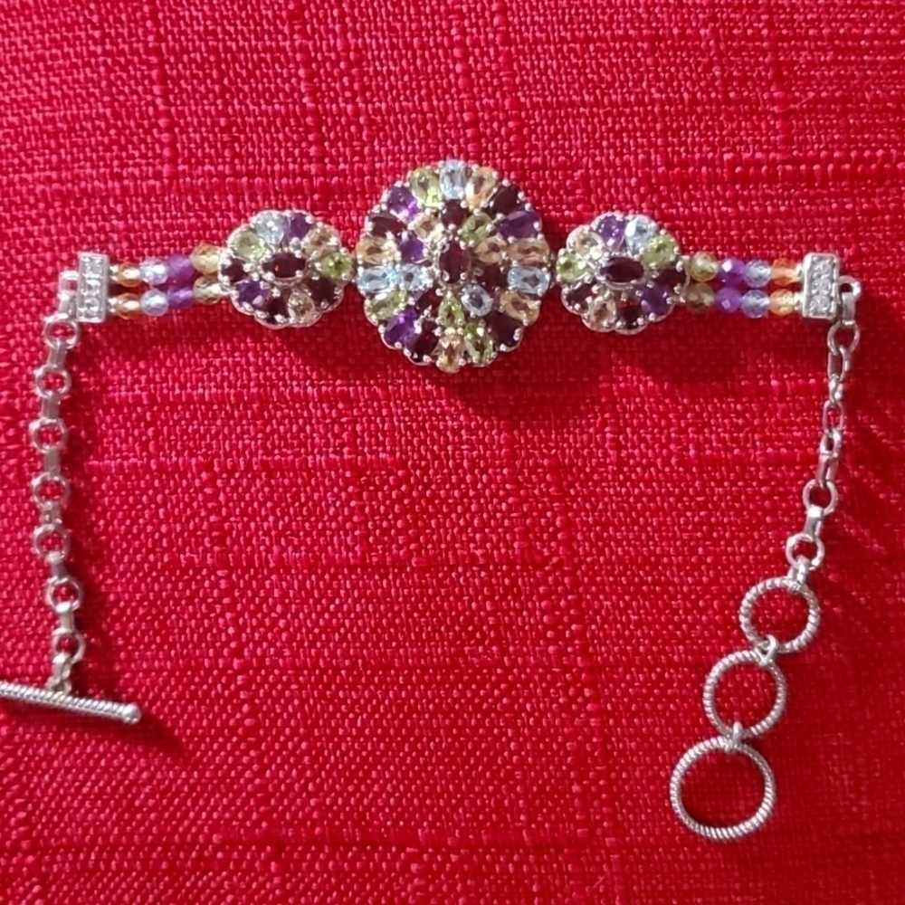Multigemstone Medallion Cocktsil Toggle Bracelet in Sterling Silver 14.20ctw - Picture 4 of 8
